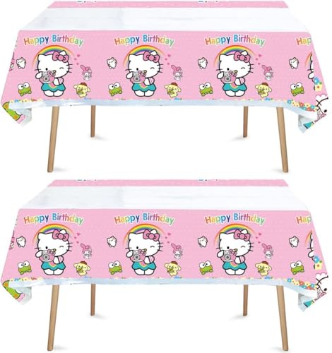 HACBYUTY Tablecloth 2pcs Hello Cat Kitty Birthday Party Rectangular Plastic 70 x 42 Waterproof Blue Pink