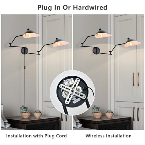 Image of Modern Black 2-Light Plug in Swing Arm Wall Sconce, 1 Pack