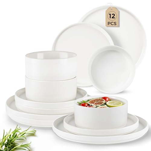 Image of GBHOME Ceramic Dinnerware Sets of 4,Stoneware Plates and Bowls Sets,Chip and Crack Resistant | Dishwasher & Microwave Safe Dishes Set,Scratch Resistant- Service for 4 (12pc)-Matte White