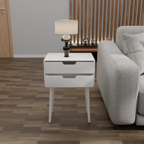 Image of Night Stand,End Table for Bed Nightstand with Drawers, Side Table with Storage, Solid Wood Table Legs,A Shaped Suitable for Small Spaces, Living Room, Bedroom, White (White)