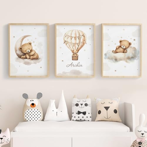 3 Affiche Chambre Bébé Nounours 30x40cm Poster Ourson Bebe Nuage Montgolfière Poster Personnalisé Prenom Enfant Tableau Chambre Bebe Beige Toile Decoration Murale...