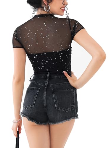 Image of REORIA Women's Sexy Mock Turtle Neck Short Sleeve Shirts Sheer Mesh Ruched Trendy Going Out Bodysuits Tops