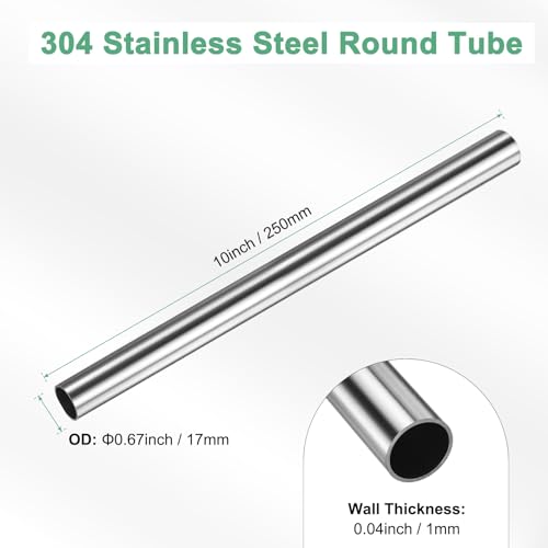 M METERXITY 250mm 304 Edelstahlrohr, 17mm Außendurchmesser 1mm Wandstärke Nahtloses Edelstahlrohr für Bau/Maschinenbau/DIY-Basteln, Metallgerades Rohr [17x0.04x10IN]