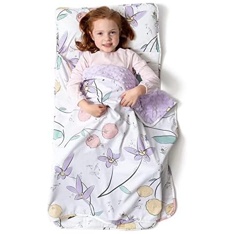 JumpOff Jo - Toddler Nap-Mat - Sleeping Bag for Kids with Removable Pillow and Ultra Soft Blanket for Preschool, Daycare, and Sleepovers - Fairy Blossoms Cover