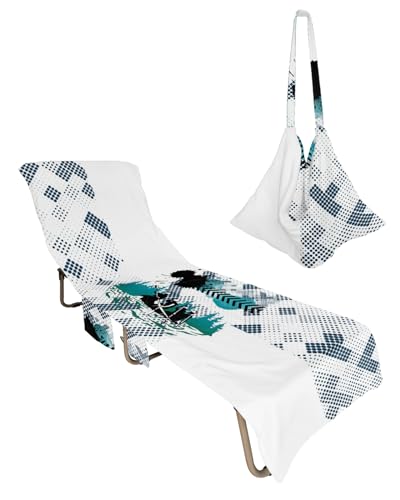 Rowers Beach Lounge Chair Towel Cover, Soft Chaise Lounge Towel with Side Pockets Patio Pool Chairs Cover for Beach/Pool Sunbathing 29x85 Teal Black Geometric Modern Abstract Art