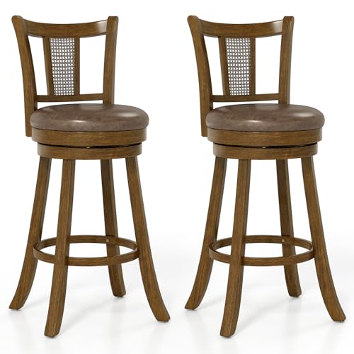 Butacos Giantex de 30 pulgadas, juego de 2 butacos giratorios para barra con respaldos de ratán PE, reposapiés y estructura de madera de caucho, tapizados en leathaire, estilo rústico para isla de cocina, comedor o pub, color marrón