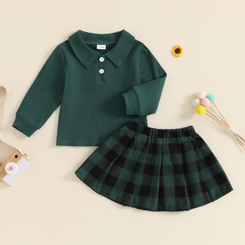 Image of BeQeuewll Fall Winter Toddler Baby Girl Clothes 2Pcs Long Sleeve Ribbed Knit Shirt Plaid Skirt 1T 2T 3T 4T 5T Girls Dress