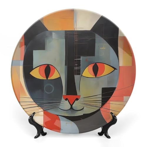 Plato decorativo de cerámica blanco con gato ojos rojos miniatura 1