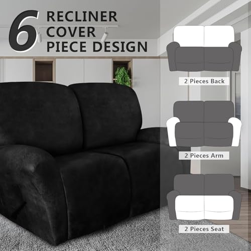 Image of molasofa Loveseat Recliner Slipcovers - 6 Pieces Stretch Leather Like Recliner Sofa Covers for 2 Seat Dual Reclining Loveseat Couch Furniture Protector with Elastic Bottom (Black)