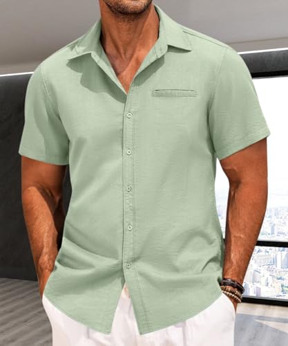 PORCLAY Short Sleeve Shirts for Men Summer Casual Button Down V Neck Tops Collared Solid Beach Blouses - Image 4