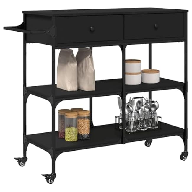 Kitchen Trolley with Ample Storage and Lockable Wheels, Engineered Wood, Modern Design, Black-p6BnTpSU