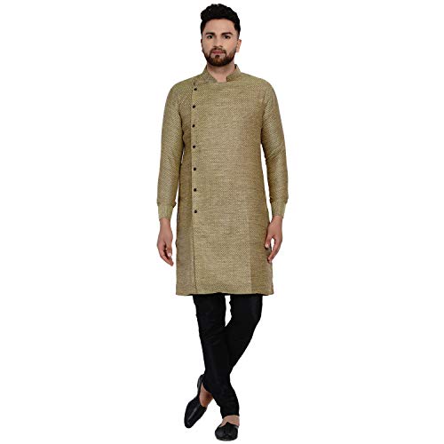 Image of Veera Paridhaan Men's Ethnic Poly Cotton Full Sleeve Textured Side Button Long Kurta(Orange)