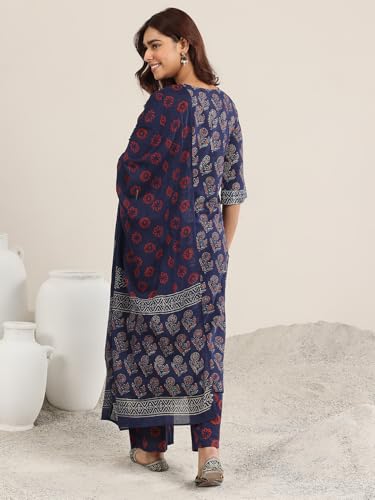 Image of Libas Printed Cotton Straight Kurta With Palazzo and Dupatta