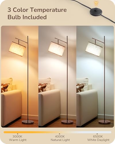 Image of EDISHINE 64.7 inch Modern Arc Floor Lamps for Living Room, Brown Standing Lamp | 3 Color Temperatures, Bulb Included, Adjustable Linen Shade, Foot Switch, Tall Light for Bedroom, Office, Nursey