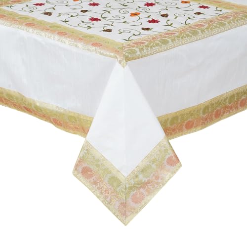 Image of New Year Room Decor Embroidery Brocade Silk Table Cover for Centre & Dinning Table and 4 & 6 Seater Dining Table /Tablecloth, (50 By 50 Inches) (White)
