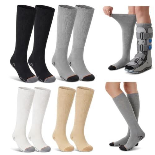 4 Pairs Walking Boot Socks Replacement Sock Liner for Orthopedic Walker Brace, Tube Socks Under Air Cam Walkers and Fracture Boot Cast Surgical Leg Cover(Black, Gray, White, Skin)