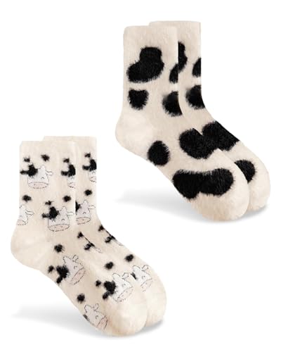 FUGLUS 2 Pares Calcetines de Peluche Para Mujer - de Vaca Cálidos y Esponjosos, Gruesos de Invierno Para Cama y Casa - Divertidos Regalos