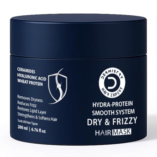 Image of Dermistry Dry Frizzy Hair Mask with Hyrdra Protein Smooth System Ceramides Hyaluronic Acid & Protein Deep Hydration & Smoothening for Damaged Chemical & Heat Treated Hair Adds Shine Men & Women 200ml