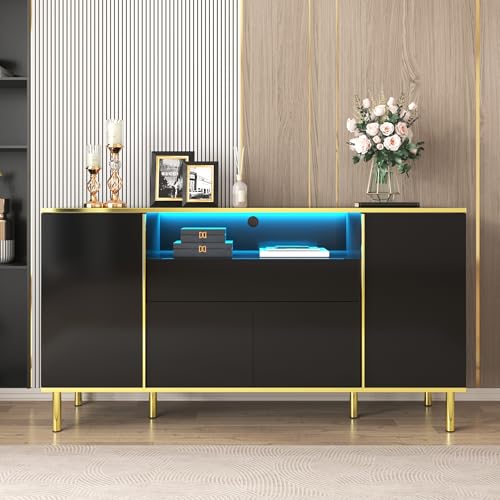 LZPOUOI Buffet Salle a Manger Buffet Cuisine Noir laqué 150cm Meuble de Rangement avec lumière LED Enfilade Moderne 4 Portes aux Pieds dorés Buffet Bas Design...