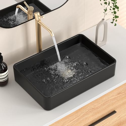 Image of KES Matte Black 20 Inch Bathroom Vessel Sink Above Counter Rectangular Countertop Sink for Cabinet Lavatory Vanity, Ceramic, BVS123S50-BK