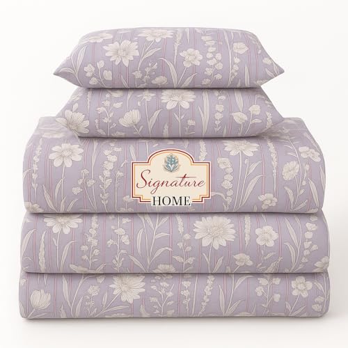 Image of Signature Reversible Super Soft Double Bed Comforter /Quilt Set 350 GSM - 88x90 inches | King Size Fitted Elastic Bed Sheet with 2 Pillow Covers | All-Season Ultra Cozy Bedding Set (Lavender Stripes)