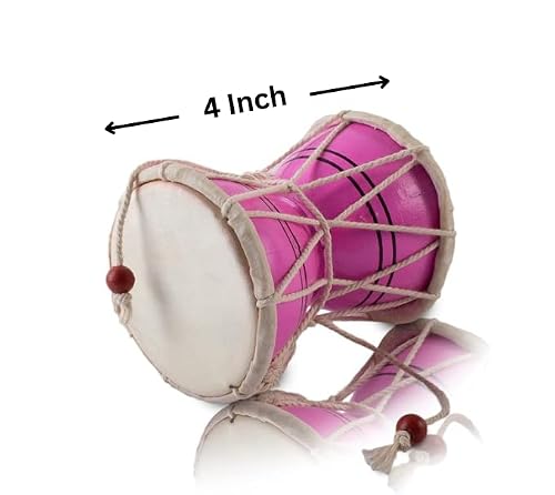 4 Inch Small Handmade Traditional Authentic Wooden & Leather Classical Indian Folk Dumroo Damroo Damaru Hand Drum Percussion Instrument Set, Decorative Collectible Showpiece World Musical Instruments