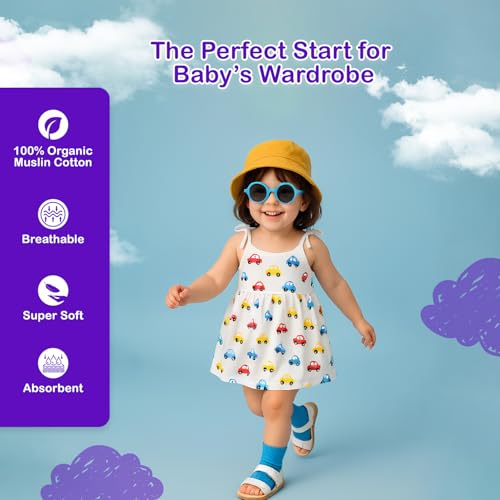 Image of Kidbea Cotton Baby Dress for Girls | Soft Sleeveless Summer Dress for Girl | Cute Printed Newborn Baby Muslin Frocks with Tie-Up Closure