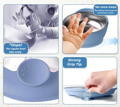Image of NYALA Stainless Steel Toddler Plates Silicone Suction, Non-Slip Baby Plates BPA Free,Unbreakable Dishwasher Safe (Blue, Plate + Bowl)