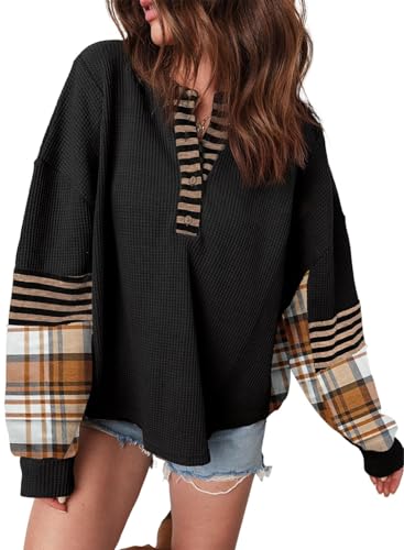 Acelitt Women Casual Color Block Long Sleeve V Neck Waffle Knit Shirts Tops,S-XXL