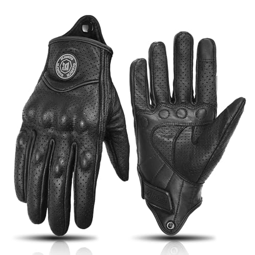 mjmoto Schwarze Retro-Motorradlederhandschuhe - Atmungsaktive Touchscreen-Vollfingerhandschuhe für Motorradfahrer & -fahrerinnen - Klassische Vintage-Motorradhandschuhe (Schwarz mit Löchern, L)