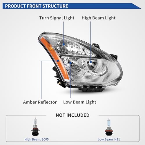 Image of oEdRo Headlight Assembly Compatible with 2008 2009 2010 2011 2012 2013 Rogue (Not Compatible on Models w /Factory HID Headlights) Headlamp with Amber Reflector Clear Lens Chrome Housing
