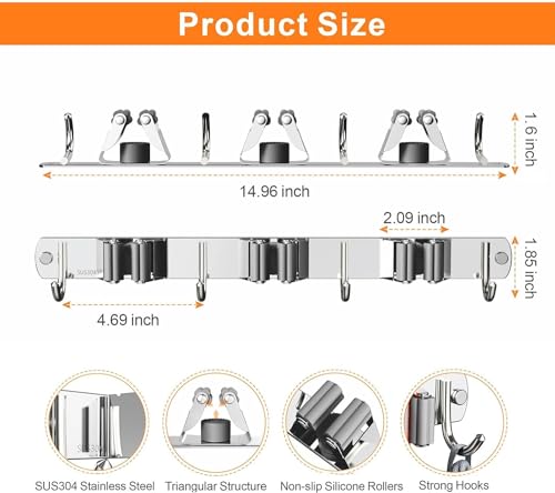Image of Enclave Stainless Steel Mop and Broom Holder Wall Mounted Adhesive Storage Solutions for Broom mop etc, Garage Storage Systems Broom Organizer. (3 RACK 4 HOOK /SILVER, PACK OF 2)