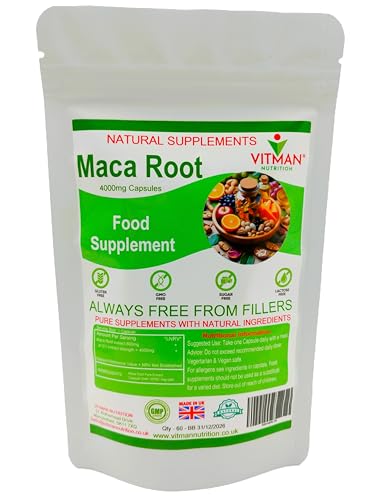 Organic Maca Root 4000mg - 60 Vegan Capsules - 2 Month Supply - High Strength Peruvian Maca Root for Men & Women - Made in The UK (60)