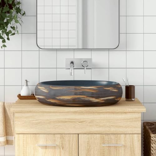 LAPOOH 155087 Brown and Blue Oval Countertop Washbasin, 59 x 40 x 15 cm Ceramic, Countertop Washbasin, Bathroom Sink