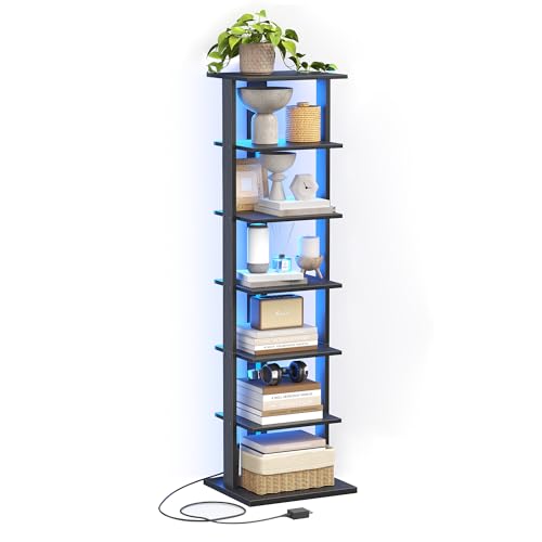GLANZALANT 7-Tier Bookshelf, Narrow Bookcase with LED Lights, 47.2 Inch