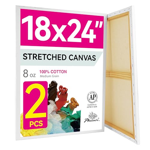 PHOENIX 18x24 Inch Pack of 2 Canvas - Large Stretched Canvases for Painting, 8 Oz Triple Primed 5/8 Inch Profile 100% Cotton White Blank Framed Canvas for Oil Acrylic & Pouring Art