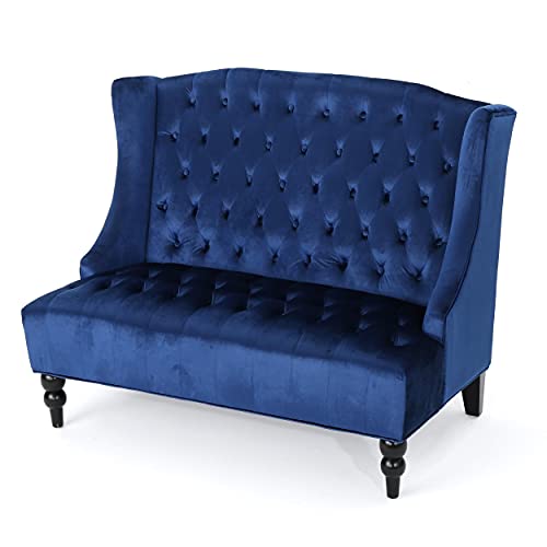 Christopher Knight Home Leora Traditional Tufted Velvet Wingback Loveseat, Navy Blue / Dark Brown #TOP5