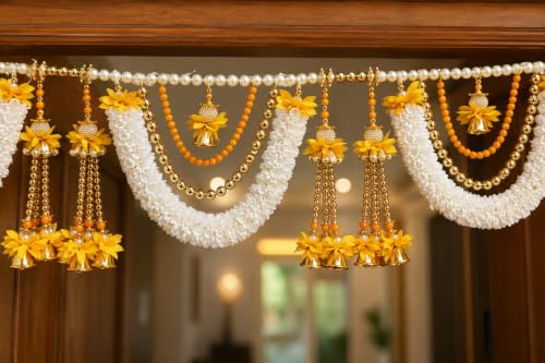 Decorative Toran with Pink Flowers, White Beads, Golden Bells, Tr...