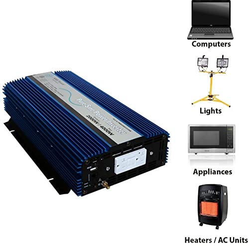AIMS Power 2000 Watt, 4000 Watt Peak, Pure Sine DC to AC Power Inverter, USB Port, 2 Year Warranty, Optional Remote, Listed to UL 458