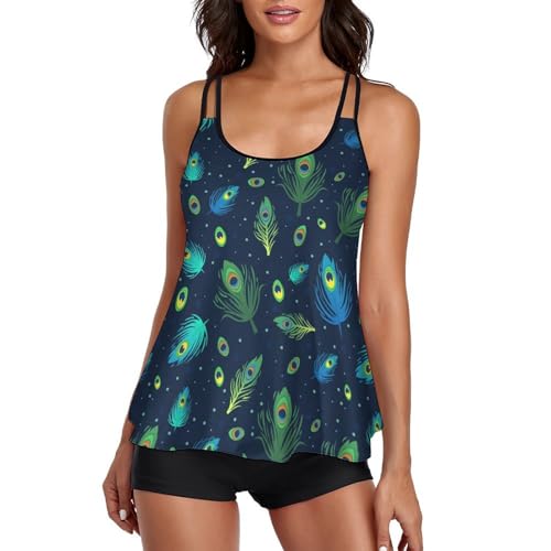 Maillot de bain tankini vert imprimé plume avec shorty pour femme