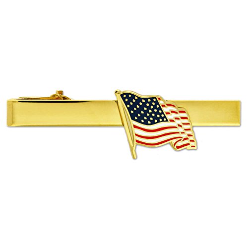 PinMart Patriotic Waving American Flag Tie Clip | Gold-Color Plated Mens Tie Bar Groomsmen Gift Dress Shirt Accessory Wedding or Memorial Suit Accessory