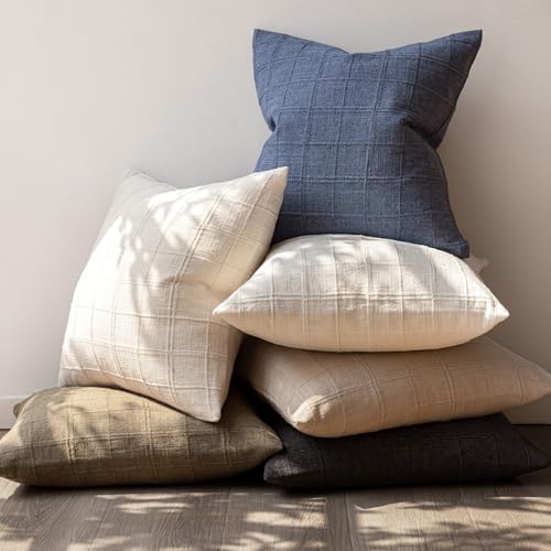Image of Foindtower Set of 1 Decorative Linen Check Throw Pillow Cover Neutral Farmhouse Vintage Cushion Cover Modern Boho Home Decor for Sofa Chair Couch Bedroom Living Room,26x26 Inch,Charcoal