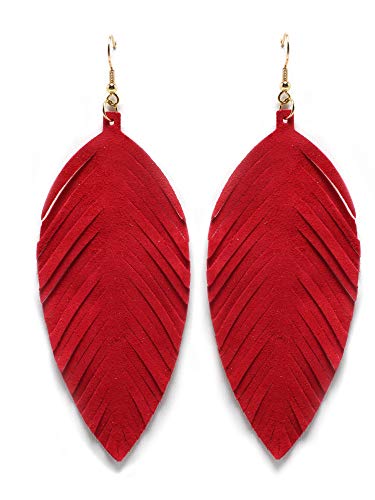 Large Genuine Soft Leather Handmade Fringe Feather Lightweight Tear Drop Dangle Color Earrings for Women Fashion