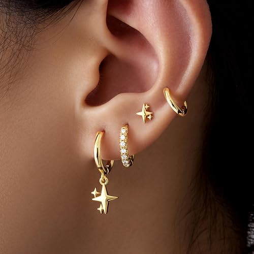 Image of Small Gold Huggie Hoop Earrings Set for Women Men Hypoallergenic 14K Plated Stack Cartilage Earrings, Sterling Silver Multiple Piercing Lightweight Mini Thin Cute Dainty Trendy Jewelry Gifts for Women