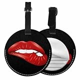 Bvmupt 1 Pcs Sexy Red Lip Luggage Tags for Suitcases Funny Biting Lip Pattern on Black Round Leather Travel Bag Tags Identifiers with Privacy Cover ID Label Address Card for Women Men