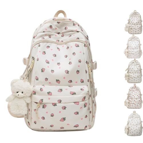 MATISUN Strawberry Backpack, Large Capacity Aesthetic Backpack with Bear Pendant for Travel and Photo-Friendly Outfits (Strawberry)