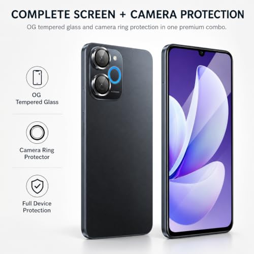 Image of FIRST MART Tempered Glass for Realme P4 Lite 5G with Black Camera Ring Guard & Installation Kit | HD Clear Edge-to-Edge Screen Protector, Scratch Resistant, Case-Friendly | Pack of 1