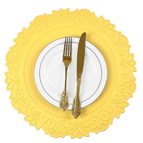 Round Faux Leather Placemats Set of 6, Dining Table Mats, Mango Yellow