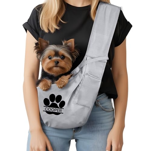 Personalized Dog Sling Carrier for Small Dogs with Name - Customized Pet Sling Carrier – Custom Hands Free Doogie Sling Chest Wrap - Custom Soft Pouch and Tote Bag for Dogs & Cats - Beige, Gray
