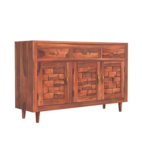 Image of Solid Sheesham Wood Sideboard Cabinet with 3 Door & 3 Drawer Storage | Wooden Storage Organizer for Living Room Dining Kitchen Bedroom Hallway | Honey Finish | Pre-Assembled